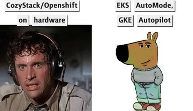 Relaxed dog character next to a sweaty man in a headset with text about CozyStack Openshift on hardware and EKS AutoMode GKE Autopilot