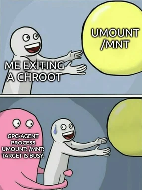 Two-panel cartoon: a white blob reaches for a yellow sphere labeled Umount /mnt while exiting a chroot, then a pink gpg