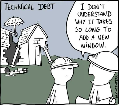 cartoon of two construction workers looking at a dilapidated house with a speech bubble saying 'I don't understand why it takes so long to add a new window'