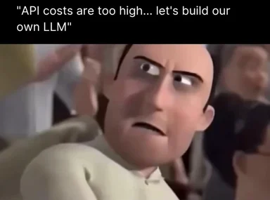 Shocked character meme with text: API costs are too high... let's build our own LLM