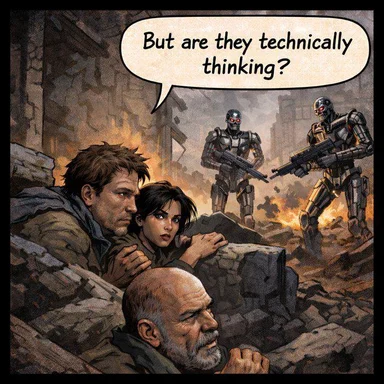 comic strip of a man, woman, and older man hiding behind rubble with robots in the background and a speech bubble reading 'But are they technically thinking?'