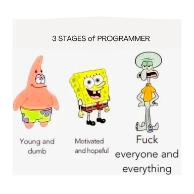 SpongeBob SquarePants characters representing 3 stages of a programmer