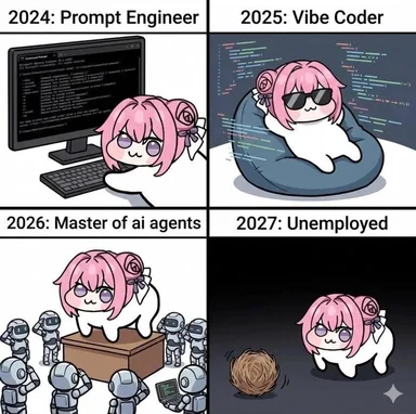 cartoon pink-haired girl in four scenarios related to AI and coding