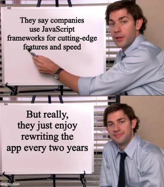 Office worker humorously comments on JavaScript frameworks