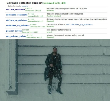 cppreference documentation listing garbage collector support functions removed in C++23 above a dejected man sitting on snow