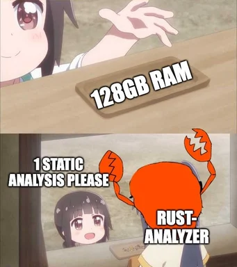 Anime characters interacting with a humorous exchange about RAM and static analysis with Rust