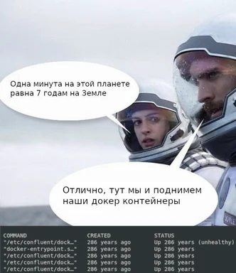 Astronauts in space suits talking about docker containers