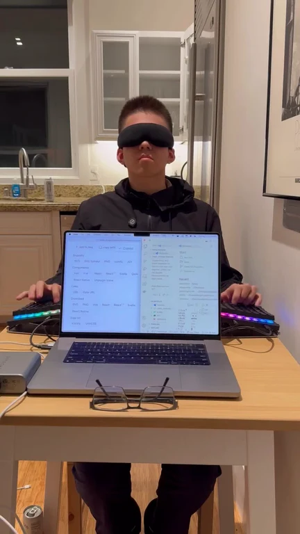 Man sitting at a desk with a laptop and two keyboards, blindfolded