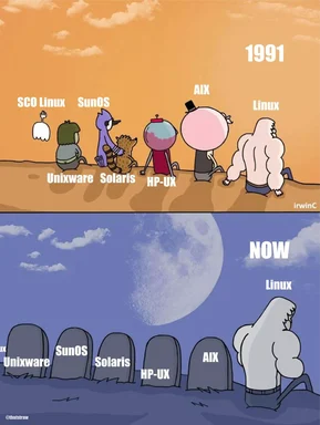 Two-panel comic: in 1991 a lineup of OS characters (SCO Linux, SunOS, Unixware, Solaris, HP-UX, AIX, Linux) stands together,