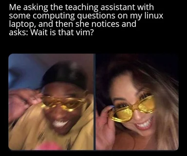 Two side-by-side images of people reacting with surprise and amusement, with text about using vim on a linux laptop
