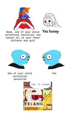 A developer humor image showing a conversation about cancelling child coroutines