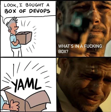 DevOps meme with man holding box and frustrated reaction