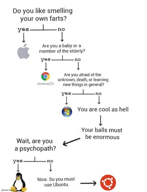 A flowchart meme about choosing an operating system based on personality traits
