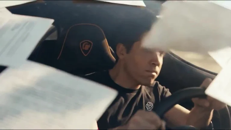 A stressed man driving a sports car while a storm of papers flies around him, overwhelmed by incoming work