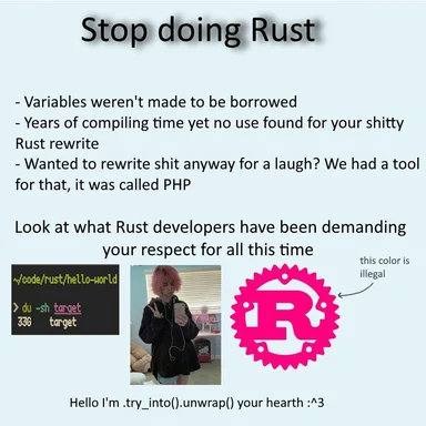 Stop doing Rust meme with Rust logo and code