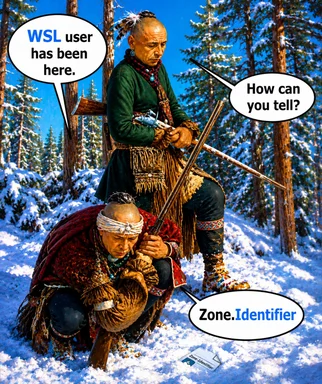 Meme showing two men in a snowy forest; one asks how they know a WSL user was there, and the other points to a Zone.Identifier file.
