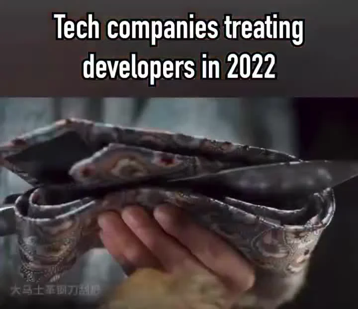 A hand holding an empty wallet with the text 'Tech companies treating developers in 2022'.