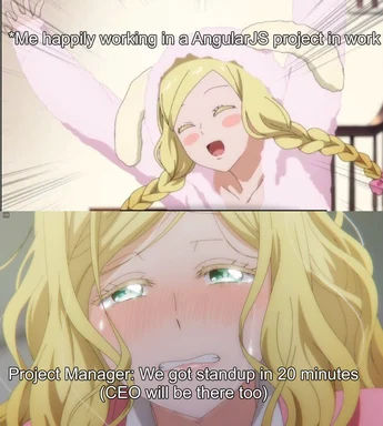angry anime girl with blonde braided hair looking worried