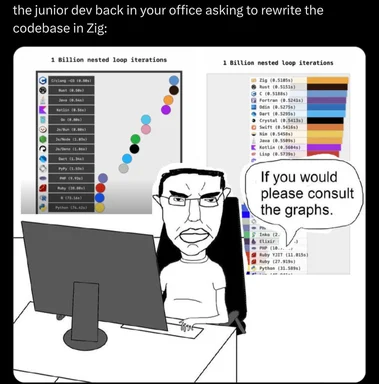 cartoon developer dismissively telling junior dev to consult graphs when asked to rewrite codebase in Zig