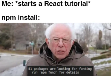 Bernie Sanders looks confused with a text overlay about npm packages seeking funding
