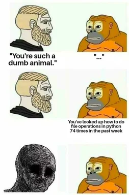 Reluctant orangutan meme reacting to criticism and a developer's struggle with Python file operations