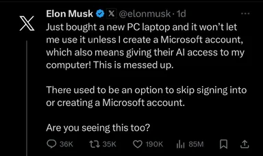 Elon Musk frustrated with new laptop requirement to create Microsoft account