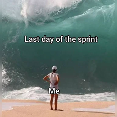 Person looking at a huge wave with text 'Last day of the sprint' and 'Me'