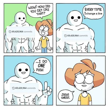 Comic strip of muscular character with 69,420,964 commits and woman reacting in shock