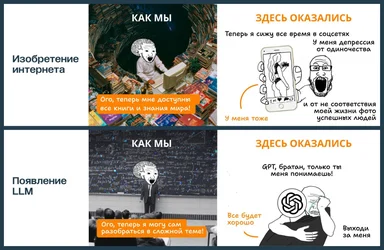 Мемашка про изобретение интернета и появление LLM