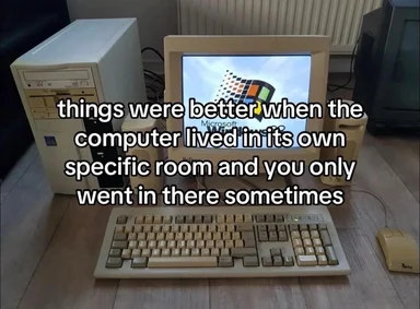Vintage beige computer with Windows logo on the monitor, keyboard, and mouse on a wooden floor, with nostalgic text overlay