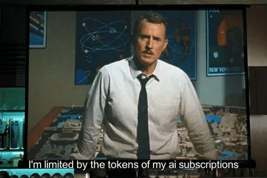 Stoic man in a white shirt and tie standing in a retro office, captioned 'I'm limited by the tokens of my ai subscriptions'