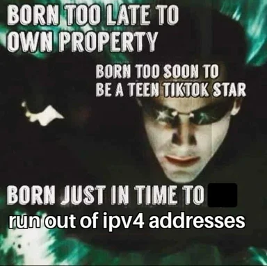 meme image of Morpheus from The Matrix with text about being born at the wrong time for property, tiktok, and ipv4 addresses
