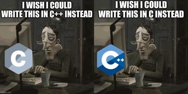 Cartoon character sitting at a desk with C and C++ logos, looking displeased with code
