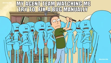 Rick Sanchez surrounded by blue characters from Rick and Morty looking on in horror as he swings a golf club