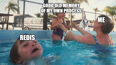 Woman in a pool holding another person with the text 'GOOD OLD MEMORY OF MY OWN PROCESS' and 'ME' and 'REDIS'