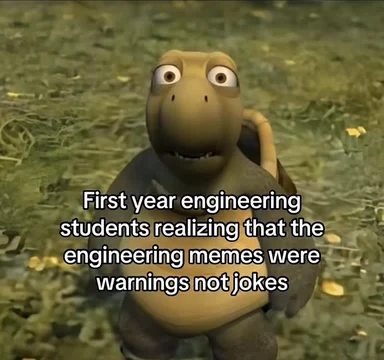 Cartoon dinosaur with shocked expression and text about engineering students
