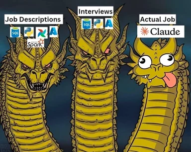 Three-headed dragon meme: first head labeled 'Job Descriptions' with SQL, Python, TypeScript and Spark icons, second head