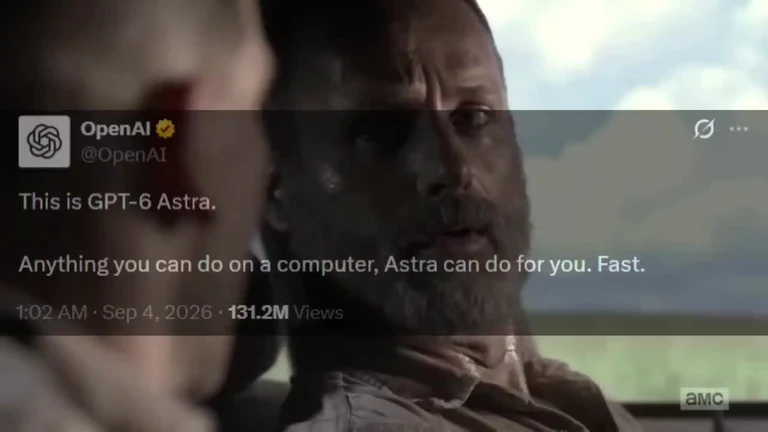 Tweet from OpenAI announcing GPT-6 Astra overlaid on a dramatic AMC television scene