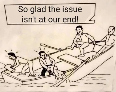 Four men rowing a sinking boat with one man bailing water out