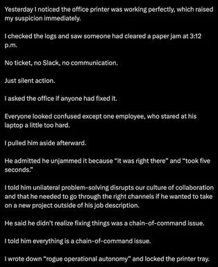 humorous office scene with text about rogue employee fixing printer