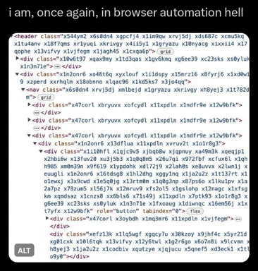 browser automation hell meme with code snippet