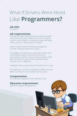 Cartoon developer at a desk looking at a job ad for a driver with programming-style requirements.