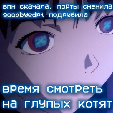 Anime girl with blue eyes and text about VPN and watching stupid kittens