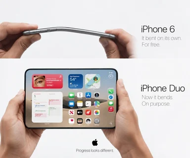Parody Apple ad comparing a bent iPhone 6 with a fictional iPhone Duo that bends on purpose, ending with the tagline 'Progress looks different.'