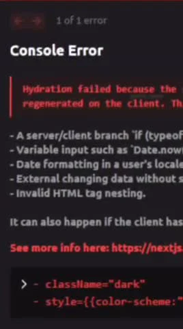Console error message with hydration failed text