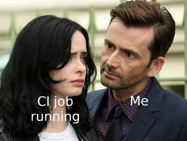 A man and woman looking at each other with concern, labeled 'Me' and 'CI job running'