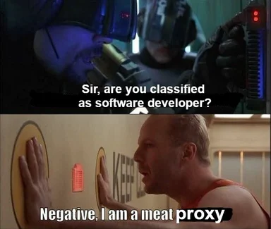 Two-panel meme: top panel shows a helmeted figure asking 'Sir, are you classified as software developer?'; bottom panel