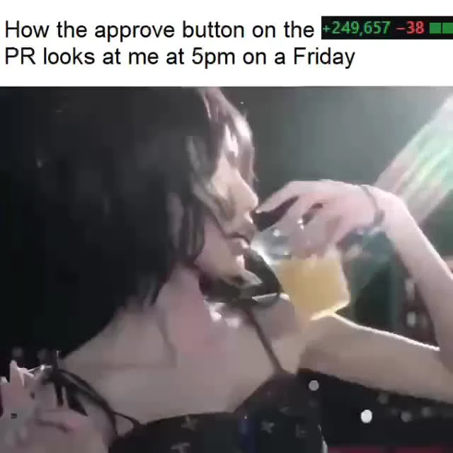 Woman drinking juice with text about PR approve button on Friday