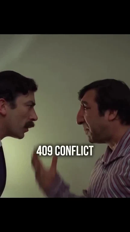 Two men arguing with the text '409 conflict' superimposed