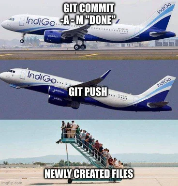 Three-panel meme with IndiGo planes showing git commit as a smooth landing, git push as a steep takeoff, and newly created files as people tumbling down stairs.